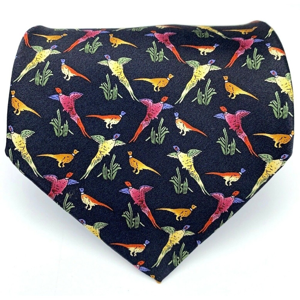 STONEHENGE Black 100% Silk Tie Red Yellow Birds Animal Necktie Made in USA